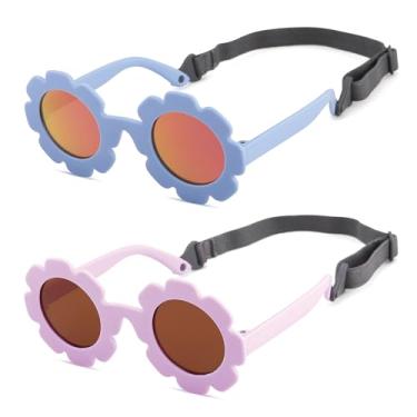 Imagem de LIU·WEN Óculos de sol florais polarizados para bebês com alça - armação flexível dobrável para bebês meninas meninos de 0 a 24 meses, B5 azul/laranja espelhado roxo/marrom, Medium