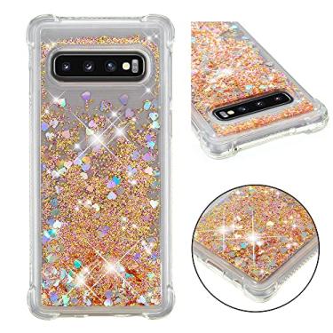 Imagem de LEMAXELERS Compatível com Galaxy S10, capa transparente líquida com glitter flutuante areia movediça à prova de choque capa protetora de silicone macio TPU para Samsung Galaxy S10. YBL Love Gold