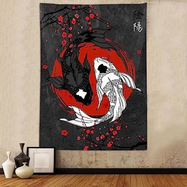Imagem de Tapeçaria de peixe japonês Yin Yang Koi, tapeçarias artísticas Sakura de anime vermelho e preto para pendurar na parede vertical para quarto, sala de estar, escritório, decoração de 101 x 152 cm, manta pôster de flores de cerejeira asiáticas