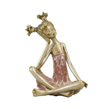 Imagem de Garota Resina Sentada Vestido Rosa 26cm - Taimes