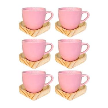 Imagem de Kit 6 Xícaras Paris Rosa 170 Ml C/ Pires De Madeira Coração - Porcelan