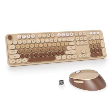 Imagem de GTSP Combo de teclado e mouse de máquina de escrever retrô sem fio, 2,4 GHz, fofo, tamanho completo, teclado de escritório com teclas redondas para desktop, laptop e PC (marrom colorido)
