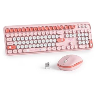 Imagem de iRoboosta Conjunto de teclado e mouse sem fio colorido rosa, teclado de máquina de escrever fofo de 2,4 GHz com teclas redondas, teclado de tamanho completo com teclado numérico, teclados silenciosos