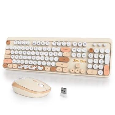 Imagem de iTastatur Combo de teclado e mouse sem fio para máquina de escrever, 2,4 G, escritório, 104 teclas, retrô, punk de tamanho completo, lindo teclado bege com teclas redondas para laptop, PC, desktops