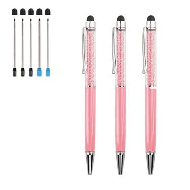 Imagem de Canetas esferográficas, 3 peças, 2 em 1, caneta de diamante de cristal brilhante, capacitiva para tela sensível ao toque com recargas de substituição, tinta preta, azul, pontas de borracha para iPhone, iPad, Kindle, dispositivos com tela sensível ao toque, rosa