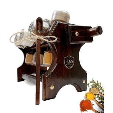 Imagem de Porta temperos giratório com manivela em madeira e 12 potes - Boss Art