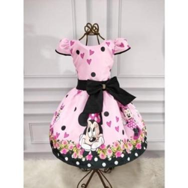 Imagem de Vestido Menina Infantil Luxo Temático Manga Viés Minnie Rosa Laço Pret