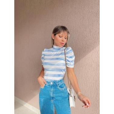 Imagem de Blusa princesa gola alta tl listrada branco e azul - TAIS LOURANI TSHI
