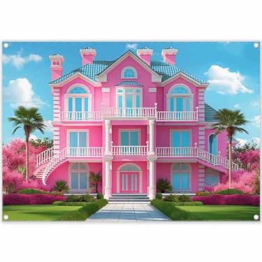 Imagem de ZTHMOE Tecido 2,1 x 1,5 m rosa casa fotografia pano de fundo princesa castelo mansão brinquedo fundo verão tropical crianças decoração festa dos sonhos menina aniversário cabine de fotos