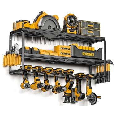 Imagem de iFCOW Organizador de ferramentas elétricas, suporte de parede de 3 camadas, 7 compartimentos, suporte de ferramentas de ferro e rack de armazenamento para garagem, oficina, galpão, organização
