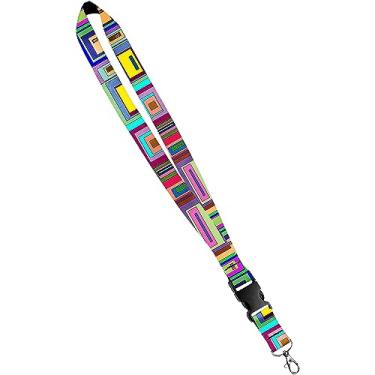 Imagem de Moose Pet Wear Cordão estampado – Colar de chaveiro de cetim com fivela de liberação lateral e encaixe, porta-crachá de identificação – 3/4 polegadas, formas quadradas geográficas