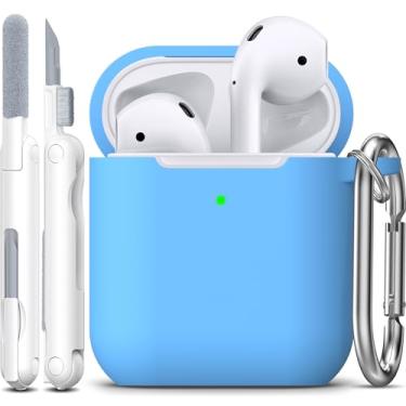 Imagem de R-fun Capa protetora compatível com AirPods, capa protetora de silicone macio com chaveiro para mulheres e homens, compatível com Apple AirPods 2ª geração, LED frontal visível, azul claro