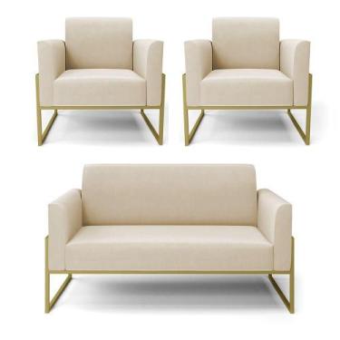 Imagem de Sofá Namoradeira Com 2 Poltronas Base Industrial Alta Dourado Marisa S