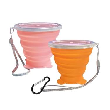 Imagem de Copos dobráveis, copo de viagem dobrável de silicone, copo expansível dobrável para acampamento com tampas, reutilizável pequeno copo portátil para viagem, acampamento, caminhada, esportes ao ar livre