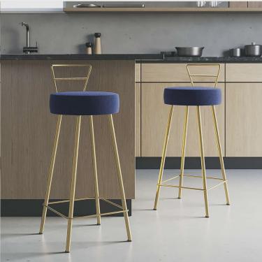 Imagem de Kit 02 Banqueta Alta Com Encosto Tina Eiffel Cozinha Bar Bistrô Ferro Dourado Sintético Azul Marinho - Ahazzo Móveis