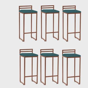 Imagem de Kit 06 Banqueta Alta Com Encosto Petra Balcão Bar Cozinha Bistrô Ferro Bronze Suede Azul Turquesa - Ahz Móveis