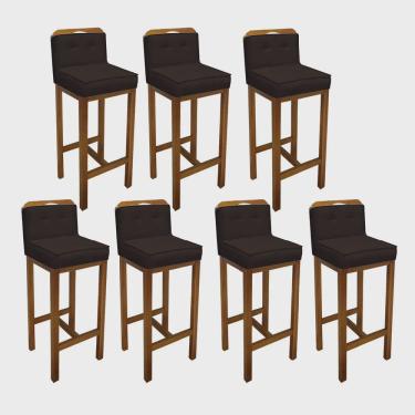 Imagem de Kit 07 Banqueta Alta Com Encosto Agnes Cozinha Balcão Bistrô Base Madeira Castanho Suede Marrom - Ahz Móveis