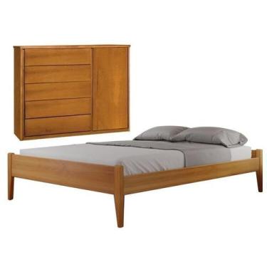 Imagem de Conjunto Quarto de Casal Cama Queen Madeira Maciça e Cômoda 5 Gavetas 