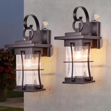 Imagem de EERU Pacote Com 2 Arandelas De Bronze Polido A Óleo Para Áreas Externas, Com Sensor De Anoitecer Ao Amanhecer, Fotocélula, Lanternas De Parede Externas, Lâmpadas De Metal Marrom À Prova D'Água Com V