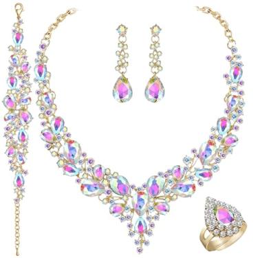 Imagem de Paxuan Conjuntos de joias de casamento de cristal para mulheres strass, gota, cristal, declaração, gargantilha, brincos, pulseiras, anéis, lágrima, conjunto de joias para noivas, damas de honra