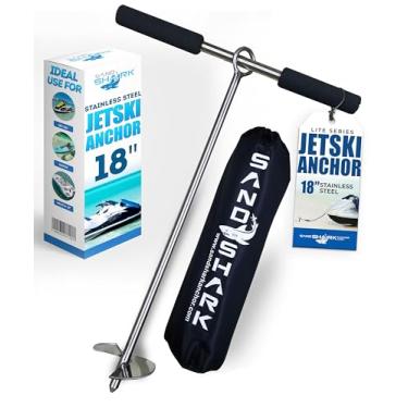 Imagem de SandShark Âncora de areia de 45,72 cm, testada e comprovada para manter a aeronave segura, Auger to The Beach ou Sandbar para Jet Ski, PWC, Pontoon, Kayak, Canoe de 45,72 cm c/ase, 18" Anchor