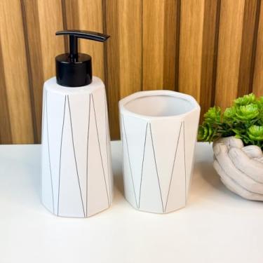 Imagem de Kit Banheiro Lavabo Porta Sabonete liquido Dispenser e Porta Escova de Dente Cerâmica para Decoração (BRANCO LINHAS PRETAS)