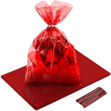 Imagem de QOIUSO Sacos de celofane de plástico transparente vermelho: 20 x 28 cm de altura sacos de guloseimas transparentes para doces, biscoitos, brindes de festa e embrulho de presente, pacote com 50