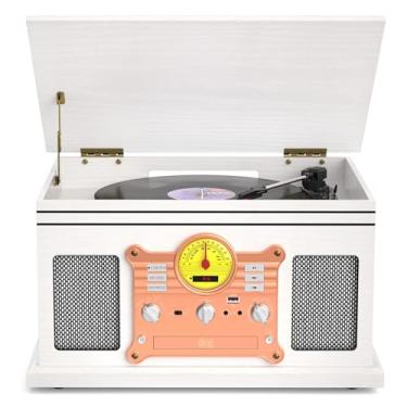 Imagem de Toca-discos de Vinil e Toca-CDs com Cassete Combo 10 em 1, Toca-discos Bluetooth com Rádio FM/AM, Gravação USB/TF, Entrada AUX/RCA, Mesa Giratória Vintage 3 Velocidades para Decoração de Casa
