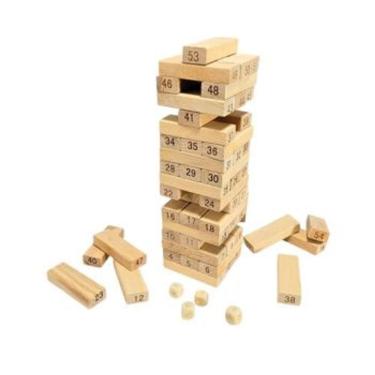 Imagem de Jogo Torre Divertida 54 Pecas DM Toys Blocos de Madeira para Empilhar Brinquedo Recreativo com Dados