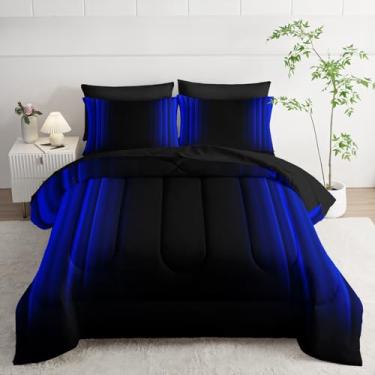 Imagem de Nttopship Jogo de cama casal azul e preto, abstrato, ombré, conjunto de 7 peças em uma bolsa, conjunto de colcha escura, decoração de arte de todas as estações, com fronhas, lençol de cima
