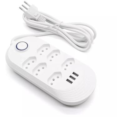 Imagem de Filtro de Linha Régua Extensão com 6 Tomadas 3 USB Com Botão On/Off Cabo 2m 110-220 Bivolt Potência 2500w Segurança e Suporta Altas Temperaturas