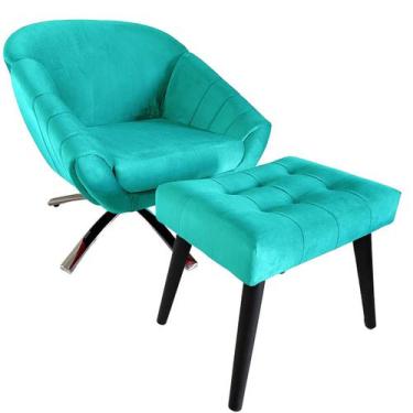 Imagem de Kit Poltrona Giovana Giratória Cromado, Puff Capitonê Luxo e Almofadas