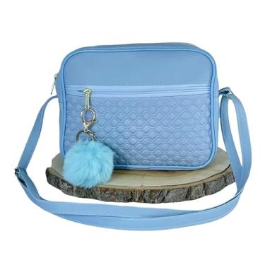 Imagem de Bolsa Feminina Alça Transversal Tira Colo Estampa Moderna Com Pompom(Azul Bebê)