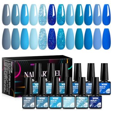 Imagem de MTSSII Conjunto de esmalte de gel azul com 12 cores, azul royal, azul celeste, glitter, azul marinho, kit de esmalte de gel de tons claros a escuros, design de salão de beleza, manicure em casa