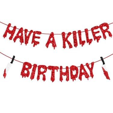 Imagem de hhdatc Killer Birthday Banner Horror Movie Theme Glitter Banner Bloody Zombie Vampire Halloween Party Decorations for Scary Birthday Celebrations