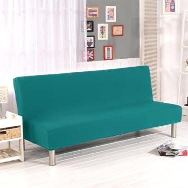 Imagem de Homonic Capa de sofá de cor sólida sem braços de poliéster elastano stretch Futon capa de sofá dobrável com elástico de 3 lugares para sofá-cama dobrável sem apoios de braço 203 x 127 cm (azul pavão)