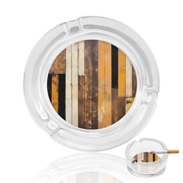 Imagem de Cinzeiro de vidro de cristal de madeira rústico, cinzeiro redondo de vidro resistente para fumar cinzeiro moderno decorativo portátil para uso em casa, escritório, interior, exterior, pátio