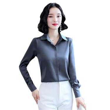 Imagem de Blusas Casuais Femininas Camisas De Cetim De Seda Vintage Hidden Breasted Office Lady Tops Formais, Gray, XXL