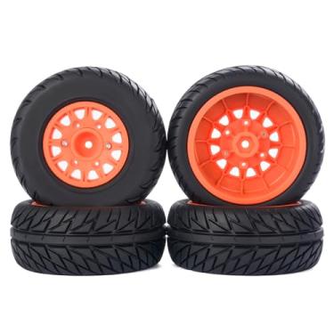 Imagem de PYFORE 1/8 & 1/10 RC Short Course Tires & Wheels (4PCS) - 113mm All-Terrain Rubber Tires w/ 12/14/17mm Hex Adaptors for Traxxas Slash, Tamiya TT-02, HSP 94102, PTG-2, Sonic GT W20 (Orange)