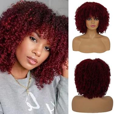 Imagem de Nuxovin Perucas de cabelo humano encaracolado vermelho vinho curto com franja, estilo afro fofo, aparência natural, resistente ao calor, sem cola, perfeita para uso diário, festa e cosplay