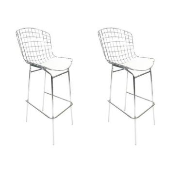 Imagem de Kit 2 Banquetas Bertoia Cromada assento branco tubular altura 70cm - P