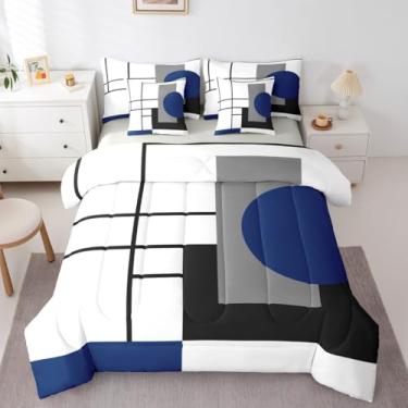 Imagem de Erosebridal Conjunto de edredom Queen listrado branco, preto, azul, para adultos, mulheres, homens, boêmio, moderno, geométrico, abstrato, em uma bolsa, geométrico, listras, linhas, conjunto de cama