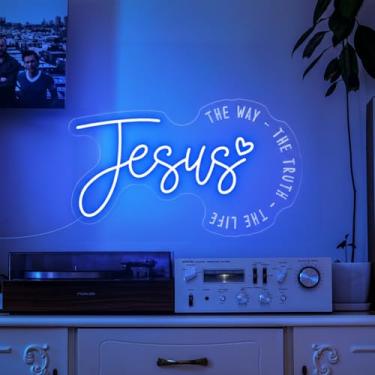 Imagem de Sinal neon de Jesus – Luz de parede cristã LED, decoração de casa religiosa, placa de Jesus Cristo inspirada na fé, presente de Natal para crentes