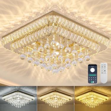 Imagem de Suporte embutido de cristal dourado de 61 cm com controle remoto e aplicativo, 3 cores ajustáveis em temperatura e brilho, lustres modernos de cristal para quarto, corredor, sala de jantar e sala de