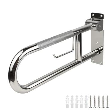 Imagem de Rackickyer Barra de apoio para deficientes, trilhos de segurança de banheiro de aço inoxidável de 60 cm, barras de apoio de banheiro dobráveis para deficientes com suporte de papel, corrimãos