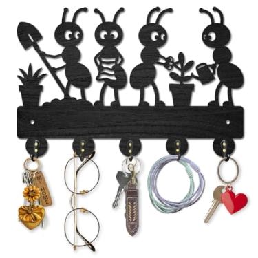 Imagem de MAYJOYDIY Porta-chaves de madeira em forma de formiga para parede, grama, prado, ganchos montados na parede, 11,8 x 7,23 cm, cabide com 5 ganchos de liga para entrada, porta da frente, cozinha