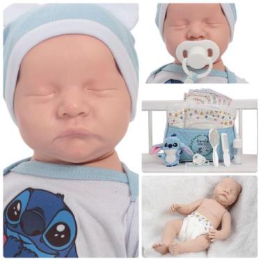 Imagem de Boneco Stitch Azul Careca Realista com Bolsa e Kit de Pentes - Cegonha