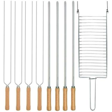 Imagem de Kit Preparo Churrasco 9Pc Grelha Espetos Simples E Duplo Mor