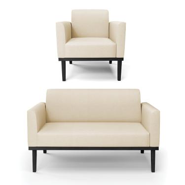 Imagem de Sofá Namoradeira com Poltrona Base de Madeira Fixa Preto Marisa Linho Bege A19  D03 - D'Rossi