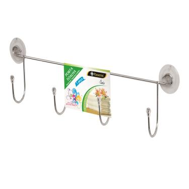 Imagem de Porta Toalha 4 Ganchos Toalheiro Cromado Suporte com Ventosa Box Sem Furo